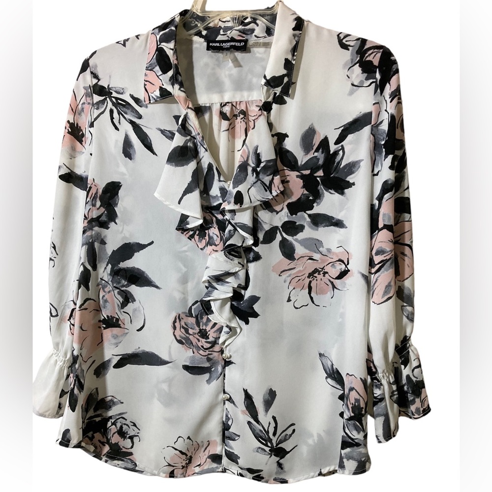 Karl Lagerfeld Paris Pearl Button Front Dressy Blouse Size Medium